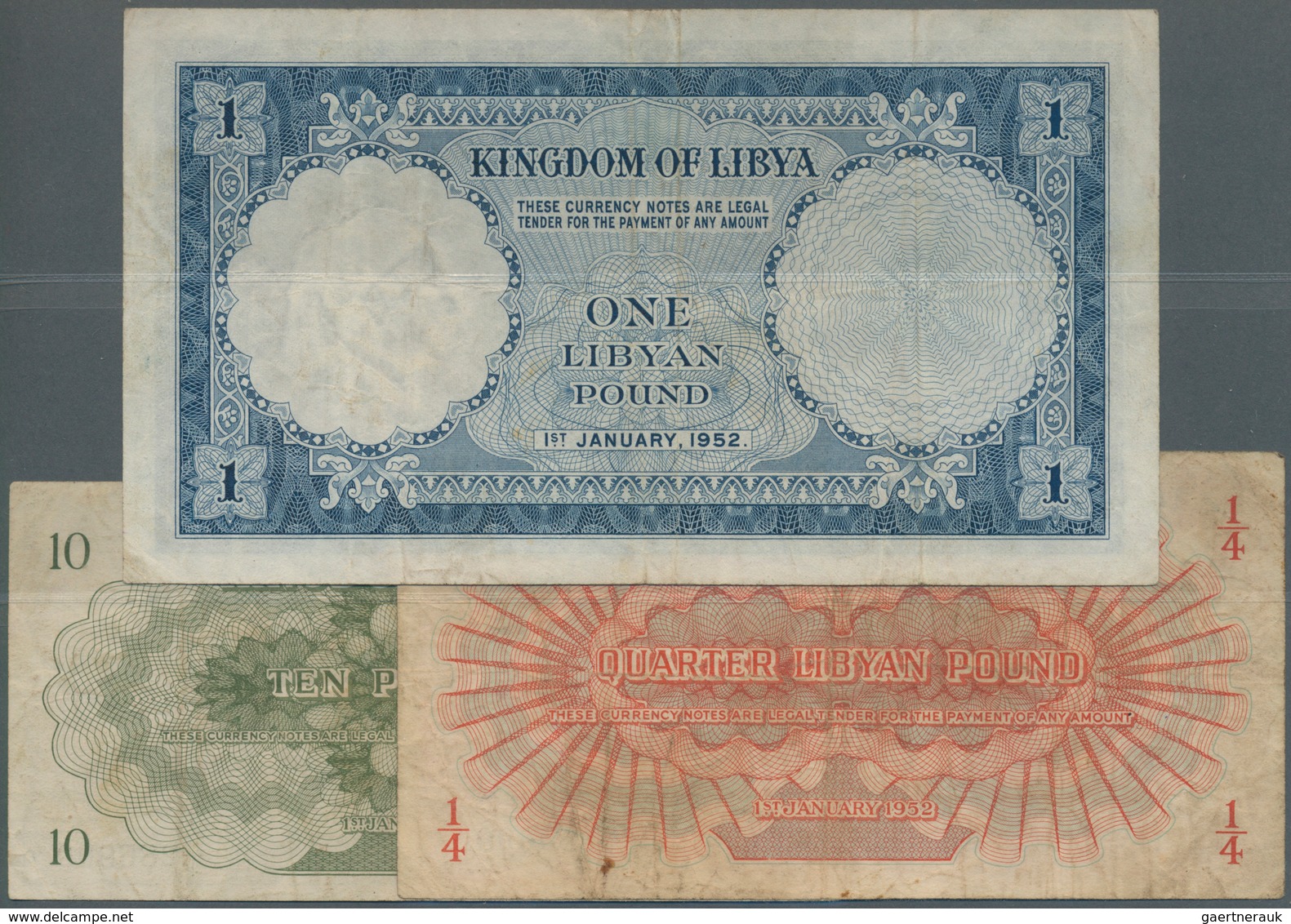 Libya / Libyen: Set Of 3 Notes Containing 10 Pt. , 1/4 & 1 Pound 1952 "Idris" Series P. 13, 14, 16, - Libyen