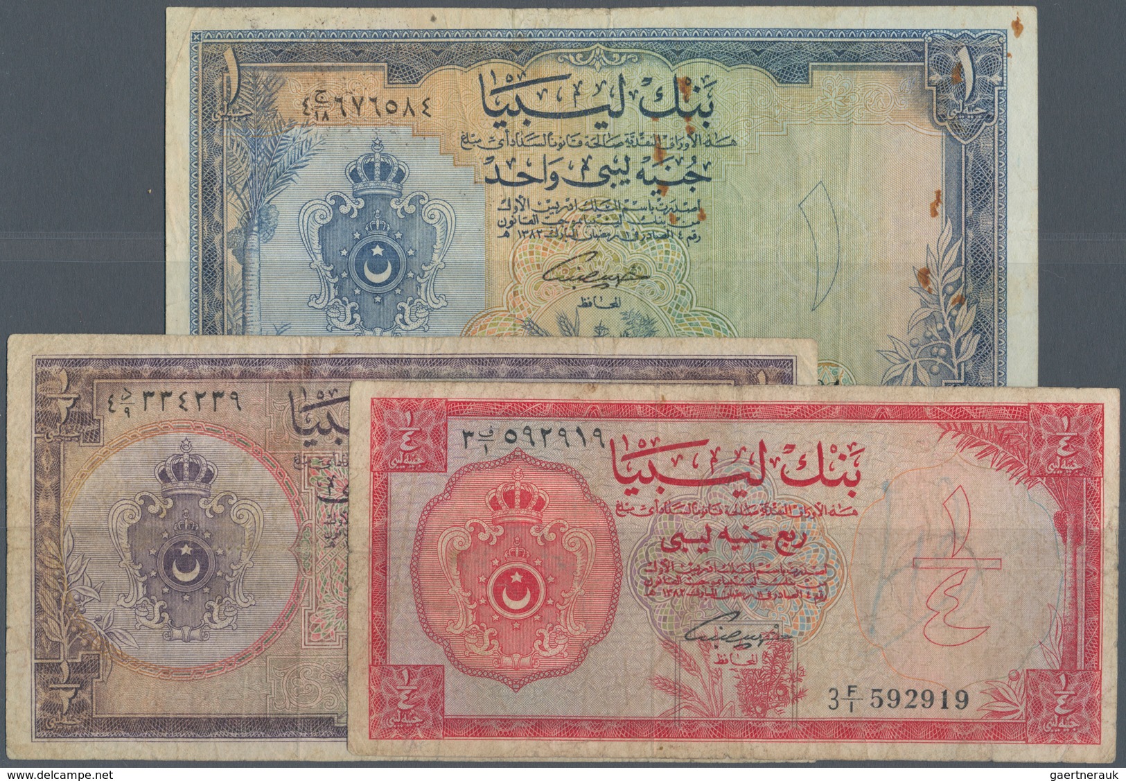 Libya / Libyen: Set Of 3 Notes Containing 1/4, 1/2 And 1 Pound L.1963 P. 23-35, All Used With Folds - Libië