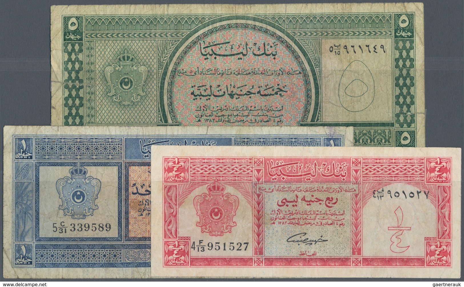 Libya / Libyen: Set Of 3 Banknotes Containing 1/4, 1 & 5 Pounds L.1963 P. 28, 30, 31, All Used With - Libië