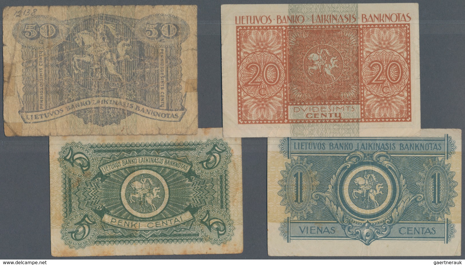 Lithuania / Litauen: Very Rare Set With 4 Banknotes 1Centas 1922 P.1 In VF+, 5 Centas 1922 P.2 In F- - Litouwen