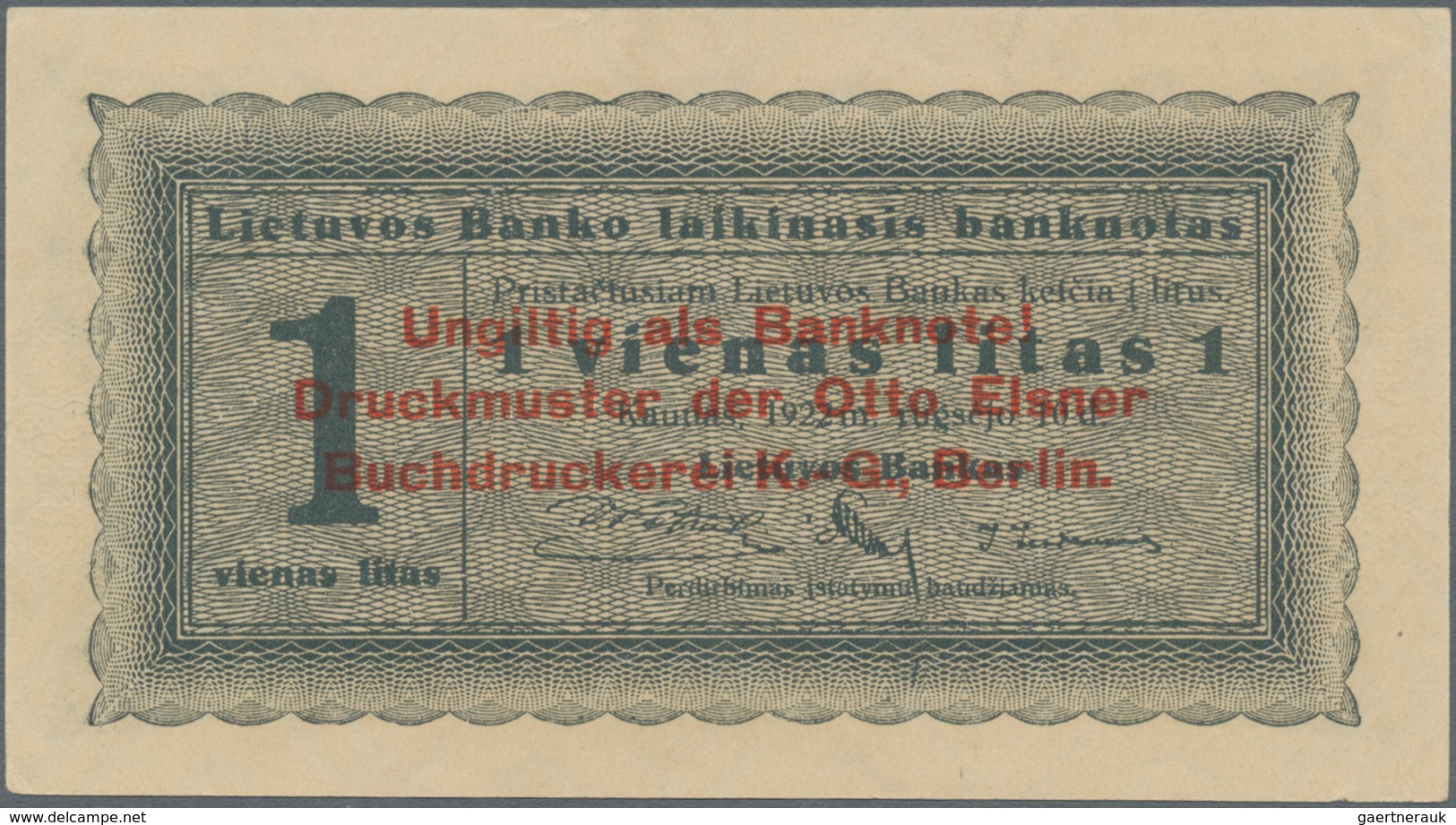 Lithuania / Litauen: 1 Litas 1922 SPECIMEN With Red Overprint: "Ungiltig Als Banknote! Druckmuster D - Lituania