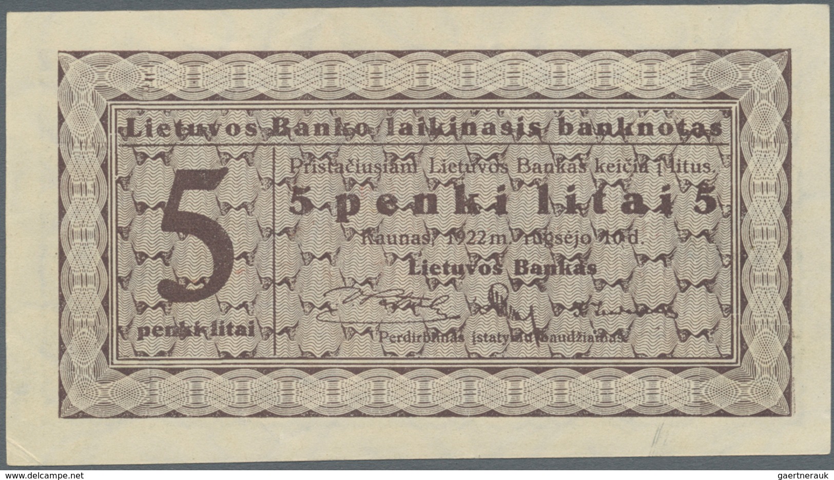 Lithuania / Litauen: 5 Litai 1922 SPECIMEN With Red Overprint: "Ungiltig Als Banknote! Druckmuster D - Litouwen