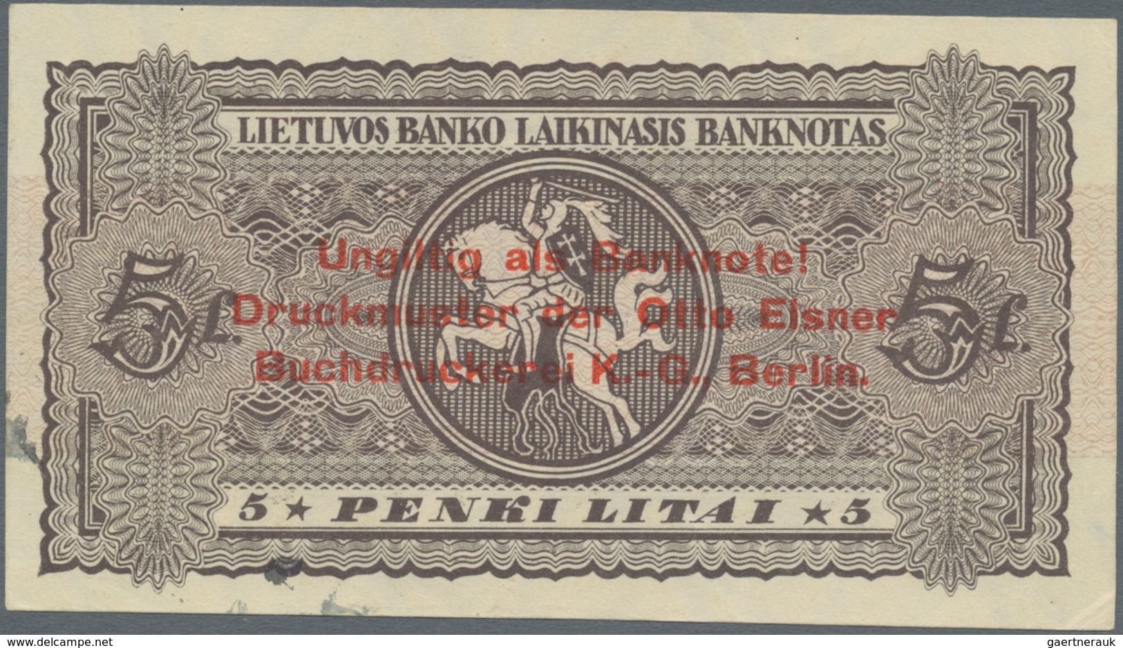 Lithuania / Litauen: 5 Litai 1922 SPECIMEN With Red Overprint: "Ungiltig Als Banknote! Druckmuster D - Litouwen