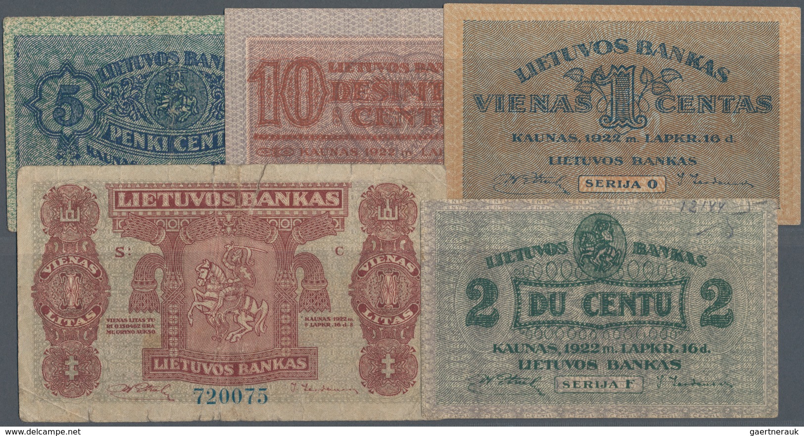Lithuania / Litauen: Highly Rare Set With 5 Banknotes Of The Second Issue Of The 1922 Series With 1C - Lituanie