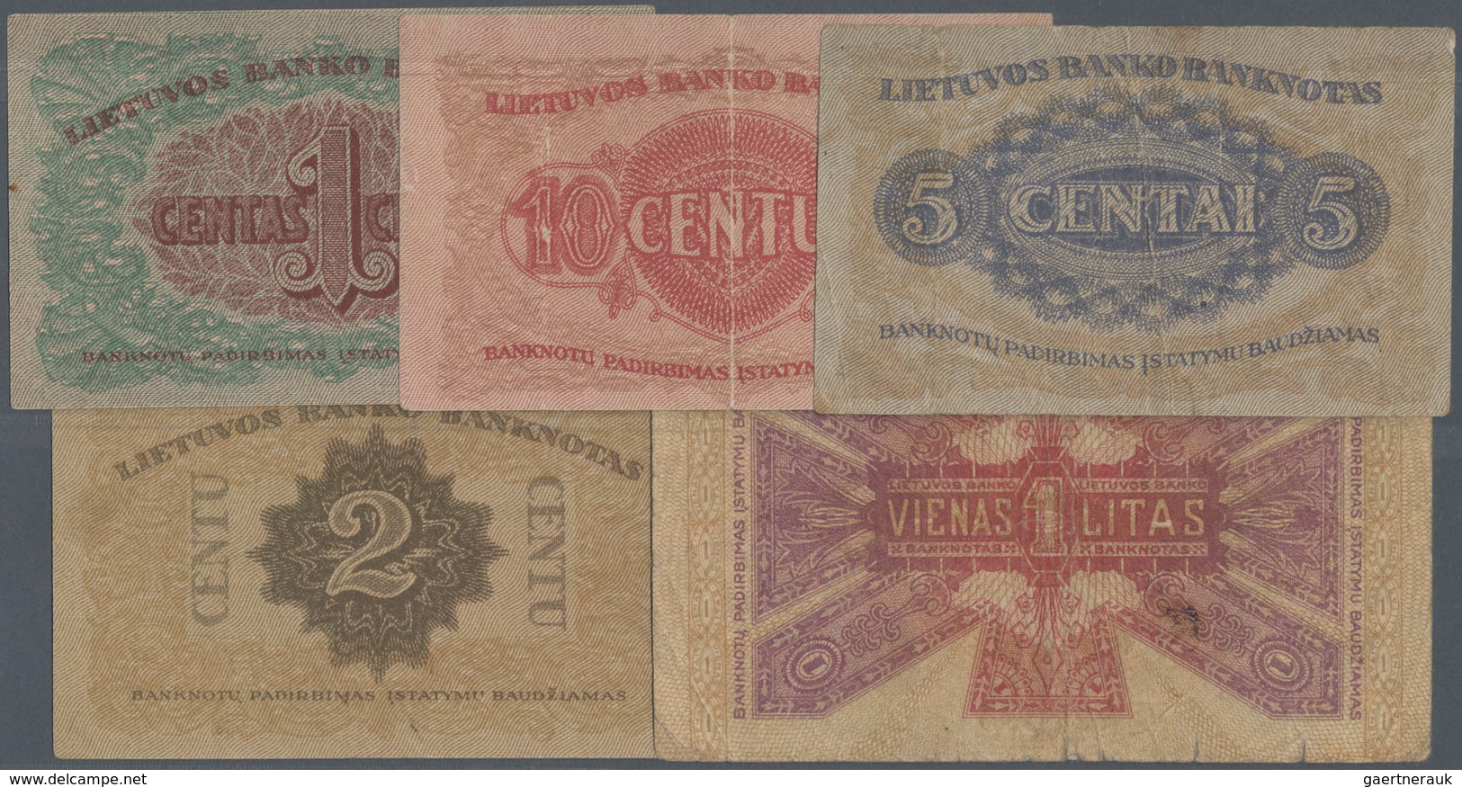 Lithuania / Litauen: Highly Rare Set With 5 Banknotes Of The Second Issue Of The 1922 Series With 1C - Lituanie