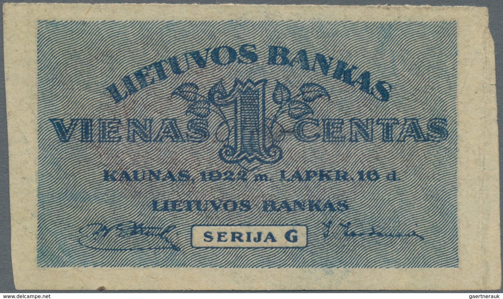 Lithuania / Litauen: 1 Centas 1922 Uniface - Front Only Without Underprint Color, P.7a Misprint, Sma - Litauen