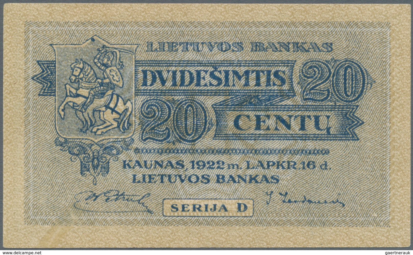 Lithuania / Litauen: 20 Centu 1922, P.11a With Small Repaired Tear At Lower Left, Otherwise Unfolded - Litauen