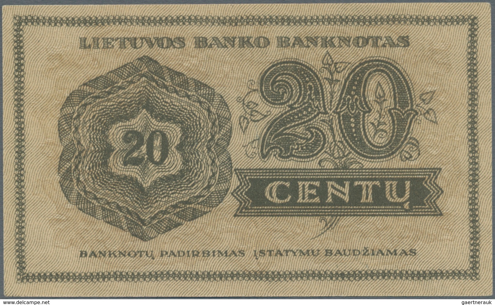 Lithuania / Litauen: 20 Centu 1922, P.11a With Small Repaired Tear At Lower Left, Otherwise Unfolded - Litouwen