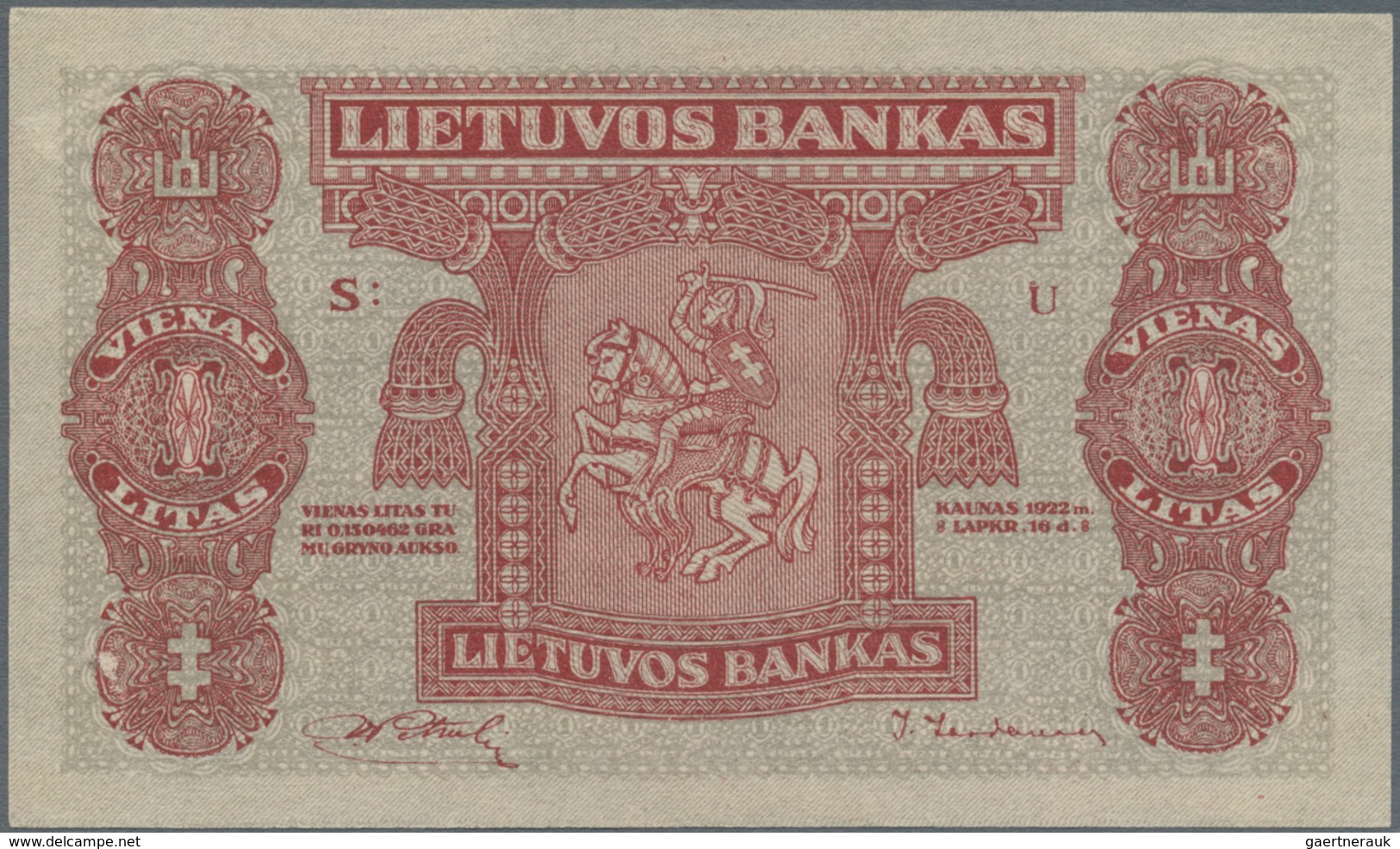 Lithuania / Litauen: 1 Litas 1922 SPECIMEN With Red Overprint "Pavyzdys - Bevertis", P.13s1 In Perfe - Lituania