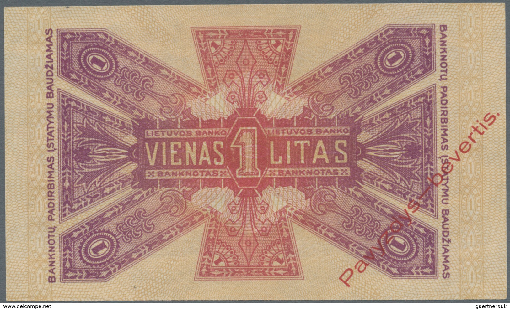 Lithuania / Litauen: 1 Litas 1922 SPECIMEN With Red Overprint "Pavyzdys - Bevertis", P.13s1 In Perfe - Lituania