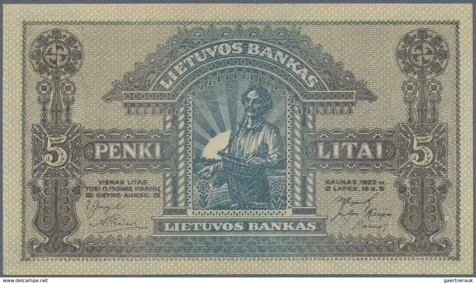 Lithuania / Litauen: 5 Litai 1922 SPECIMEN With Red Overprint "Pavyzdys - Bevertis", P.16s1 In Perfe - Lituania