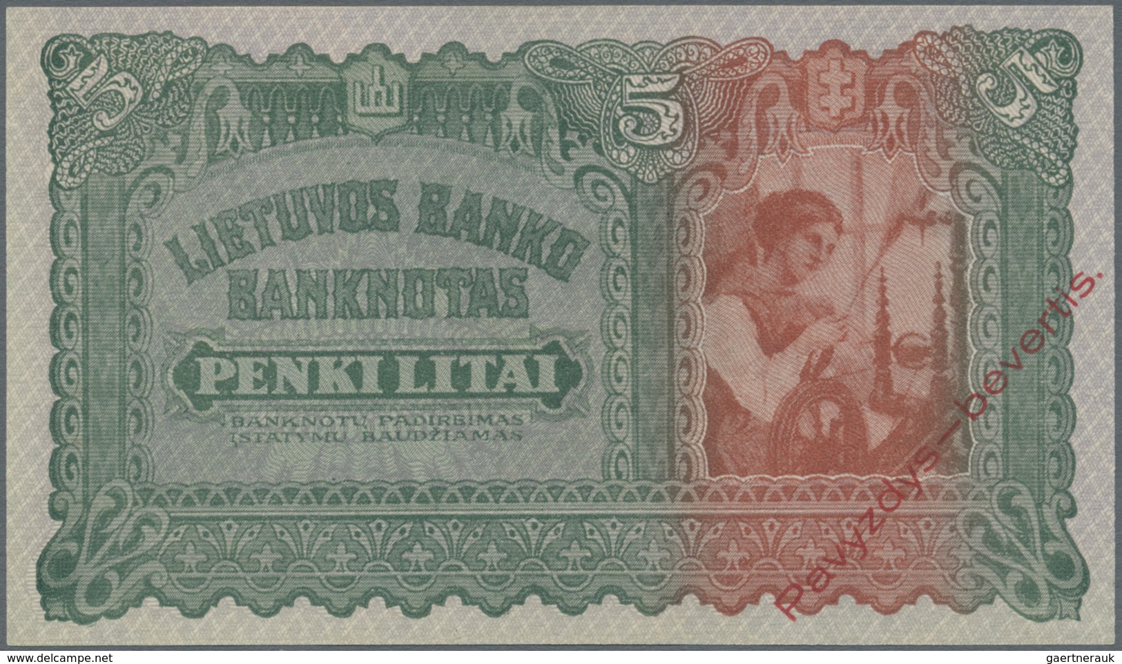 Lithuania / Litauen: 5 Litai 1922 SPECIMEN With Red Overprint "Pavyzdys - Bevertis", P.16s1 In Perfe - Litouwen