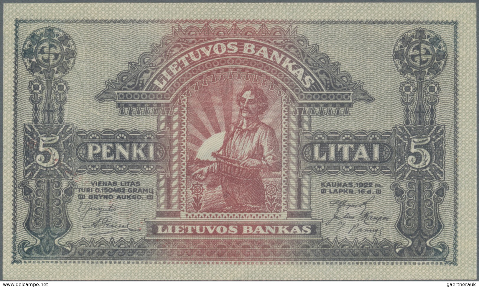 Lithuania / Litauen: 5 Litai 1922 SPECIMEN With Red Overprint "Pavyzdys - Bevertis", P.17s1 In Perfe - Litouwen