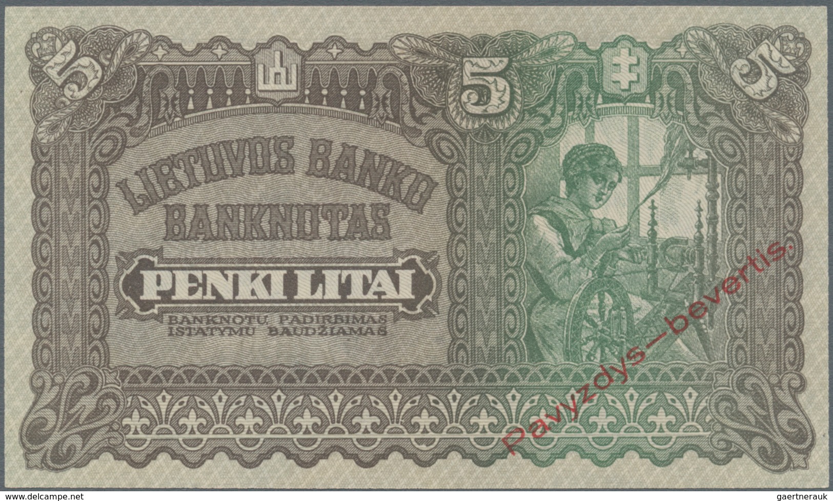 Lithuania / Litauen: 5 Litai 1922 SPECIMEN With Red Overprint "Pavyzdys - Bevertis", P.17s1 In Perfe - Litauen