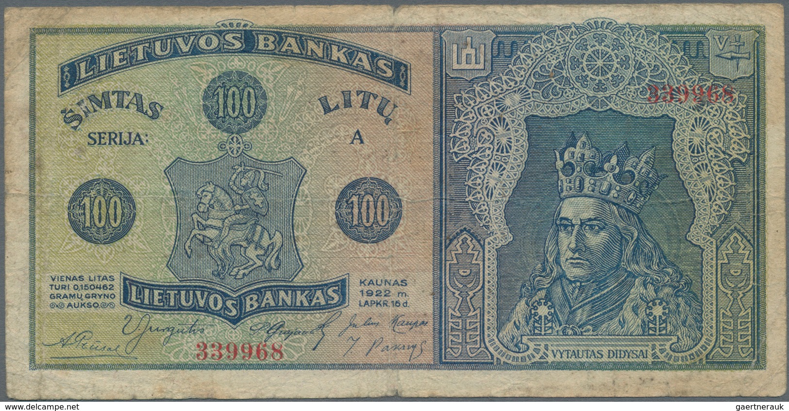 Lithuania / Litauen: 100 Litu 1922, P.20a, Highly Rare Banknote With Small Margin Splits, Several Fo - Lituanie