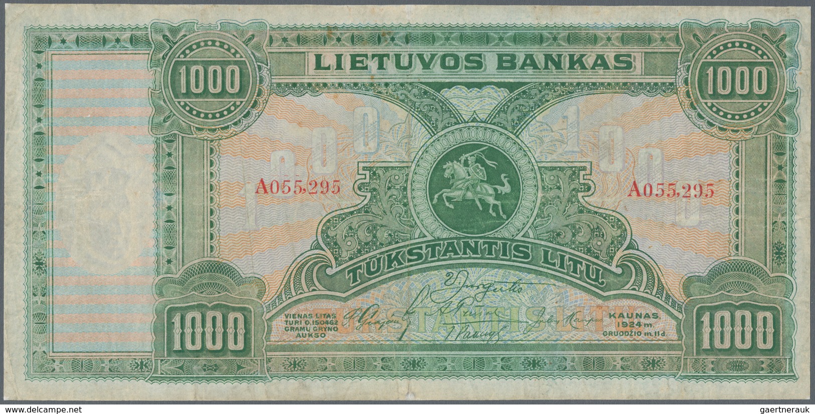 Lithuania / Litauen: 1000 Litu 1924, P.22a, Extraordinary Rare And The Key Note Of Lithuanian Bankno - Lituania