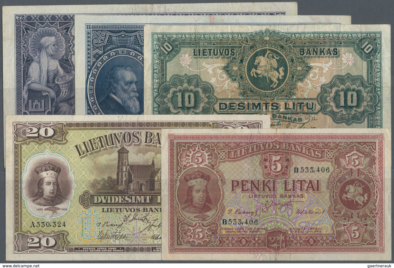 Lithuania / Litauen: Highly Rare Set With 5 Banknotes Comprising 10 Litu 1927 P.23a In F+, 50 Litu 1 - Litauen