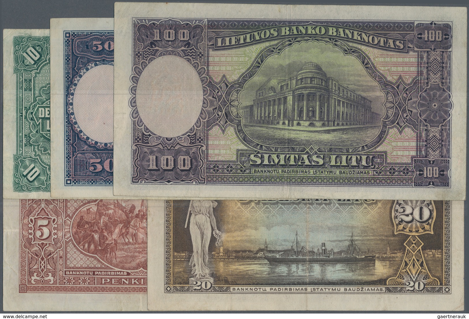 Lithuania / Litauen: Highly Rare Set With 5 Banknotes Comprising 10 Litu 1927 P.23a In F+, 50 Litu 1 - Lituania