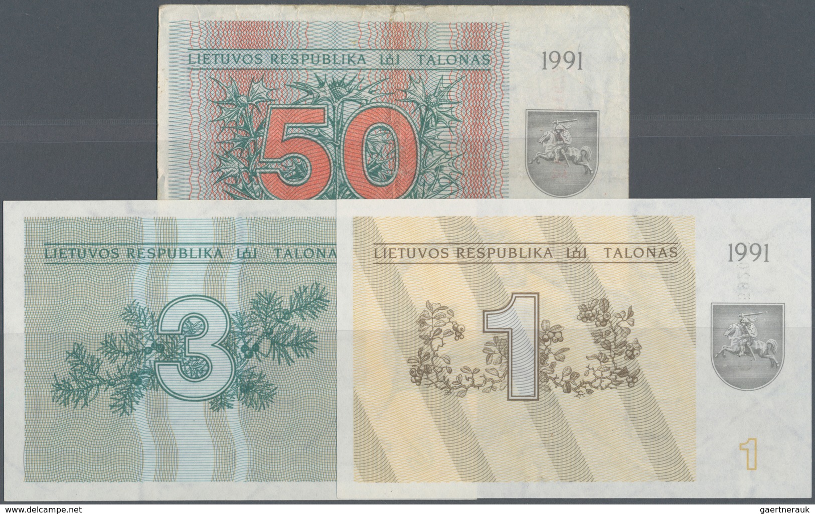 Lithuania / Litauen: Set With 3 Banknotes 1, 3 And 50 Talonas Without Text On Lower Front, P.32a In - Litouwen