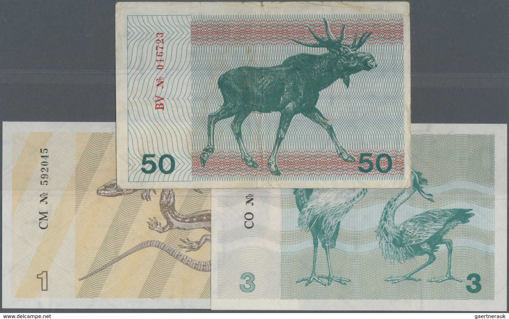 Lithuania / Litauen: Set With 3 Banknotes 1, 3 And 50 Talonas Without Text On Lower Front, P.32a In - Litouwen