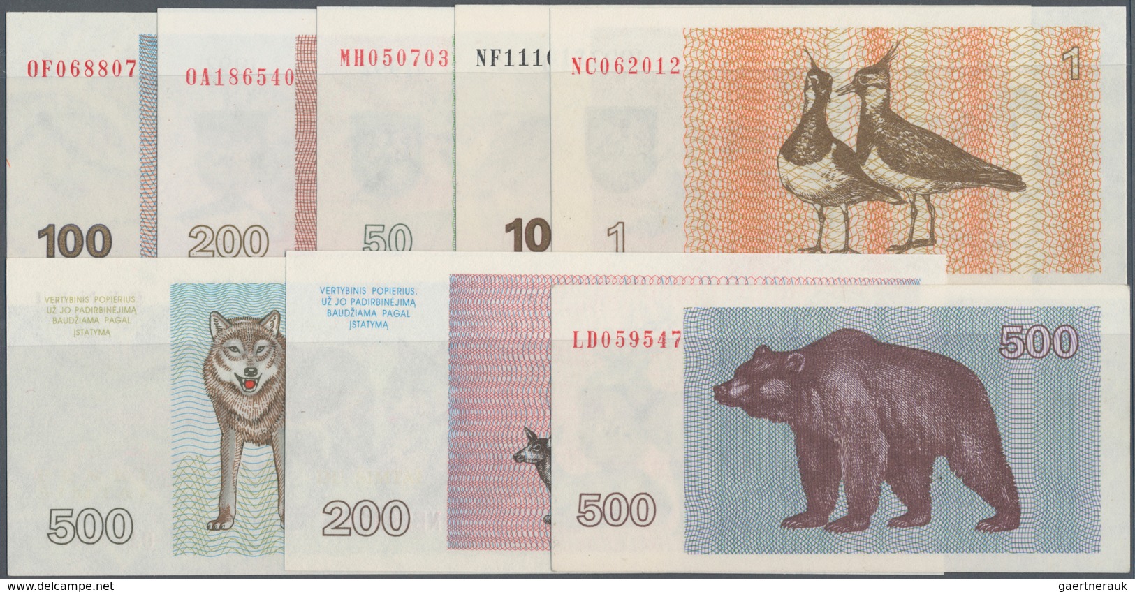 Lithuania / Litauen: Set With 8 Banknotes Of The 1992-1993 Series With 1, 10, 50, 100, 200 And 500 T - Lituanie