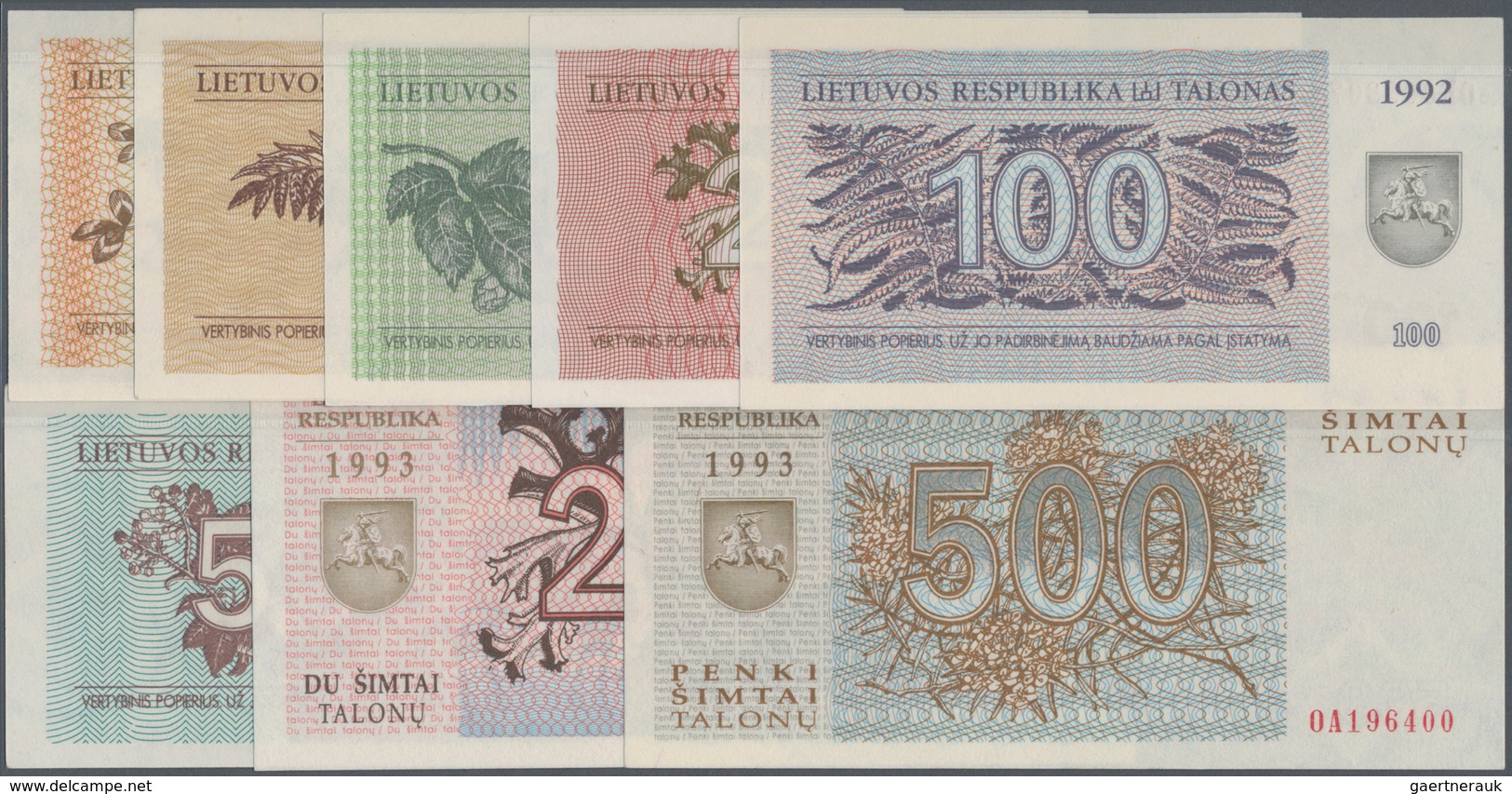 Lithuania / Litauen: Set With 8 Banknotes Of The 1992-1993 Series With 1, 10, 50, 100, 200 And 500 T - Lituania