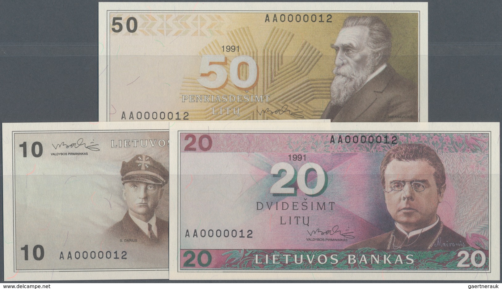 Lithuania / Litauen: Very Nice Set With 3 Banknotes 10, 20 And 50 Litu 1991, All With Same Serial Nu - Lituania