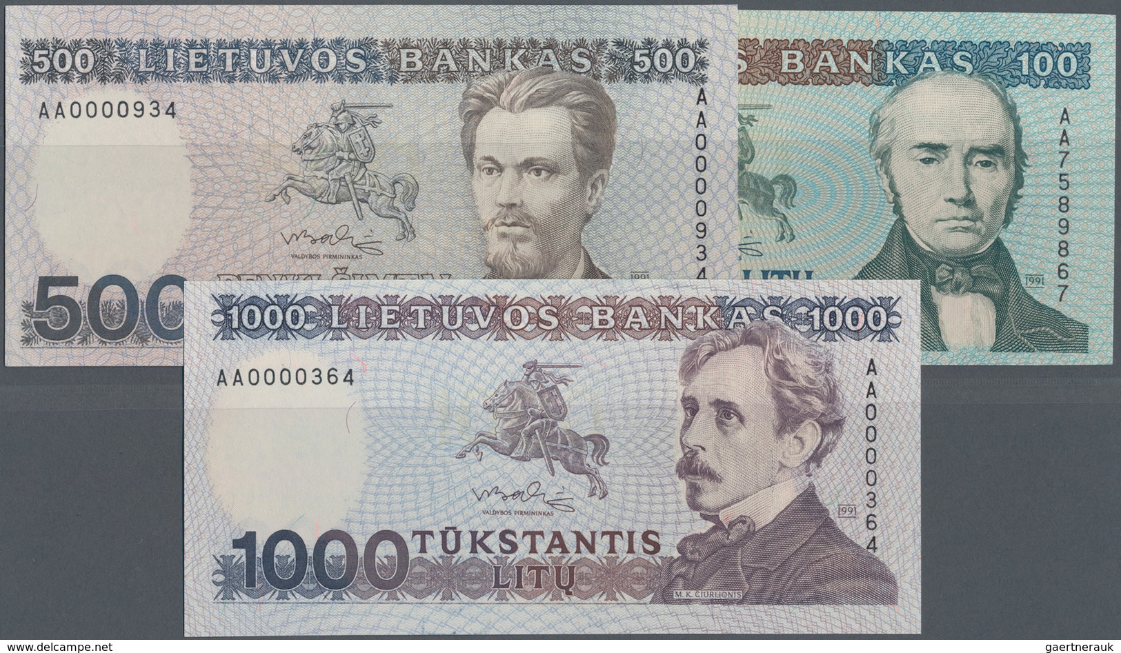 Lithuania / Litauen: Nice Lot With 3 Banknotes 100, 500 And 1000 Litu 1991, P.50a, 51, 52, All In Pe - Litouwen