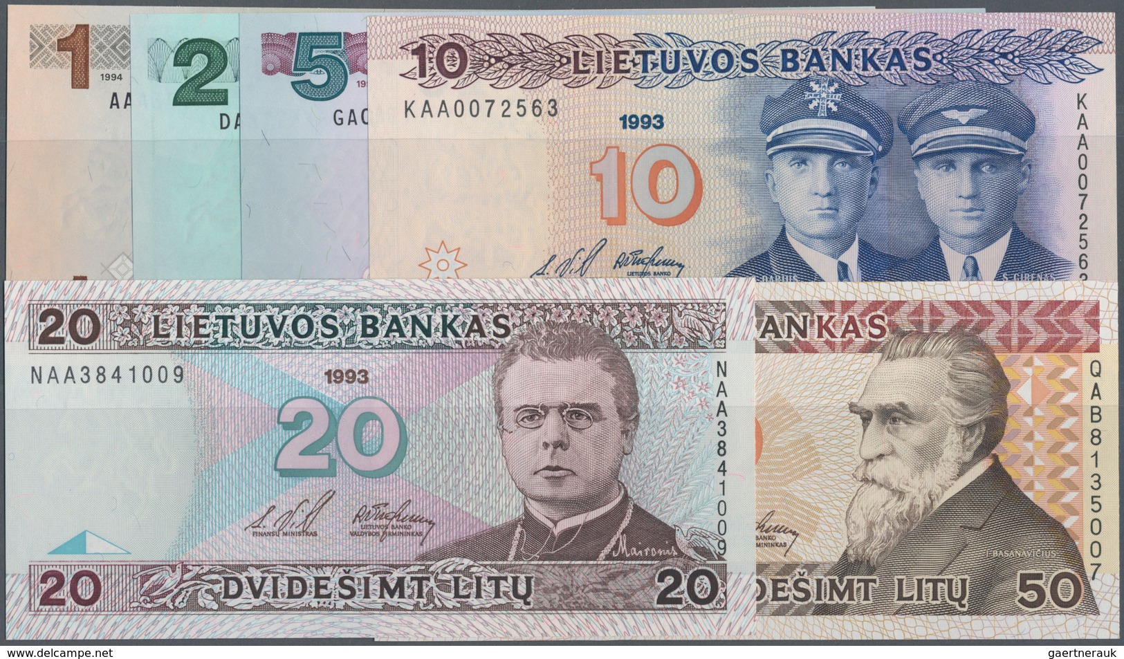 Lithuania / Litauen: Very Nice Lot With 6 Banknotes 1, 2, 5, 10, 20 And 50 Litu 1993/94, P.53a-58a, - Litauen