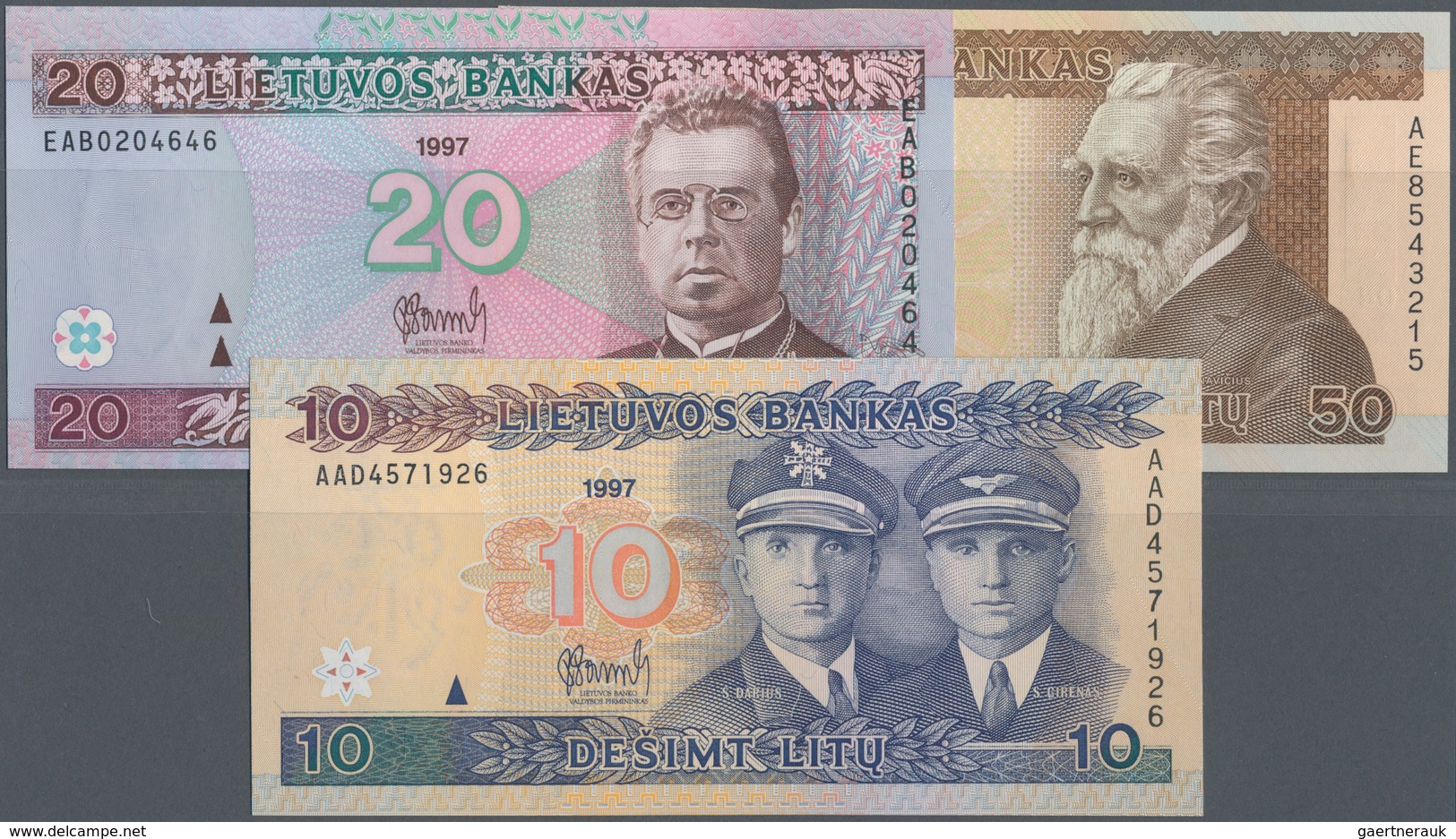 Lithuania / Litauen: Lot With 3 Banknotes 10 Litu 1997, 20 And 50 Litu 1998, P.59-61, All In UNC Con - Lituania