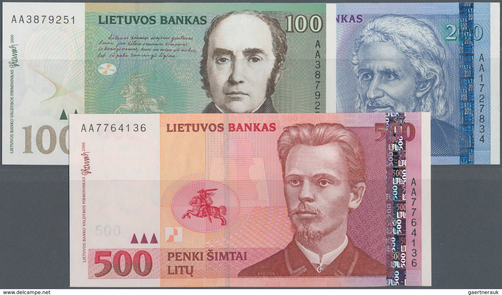 Lithuania / Litauen: Very Nice Lot With 3 Banknotes 100 Litu 2000, 200 Litu 1997 And 500 Litu 2000, - Litouwen