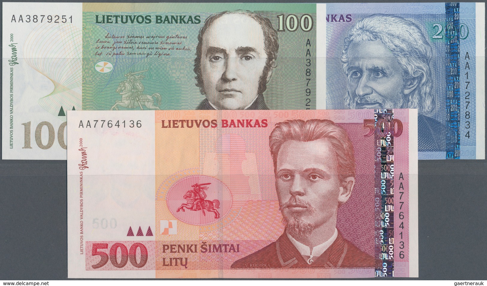 Lithuania / Litauen: Very Nice Lot With 3 Banknotes 100 Litu 2000, 200 Litu 1997 And 500 Litu 2000, - Lituanie