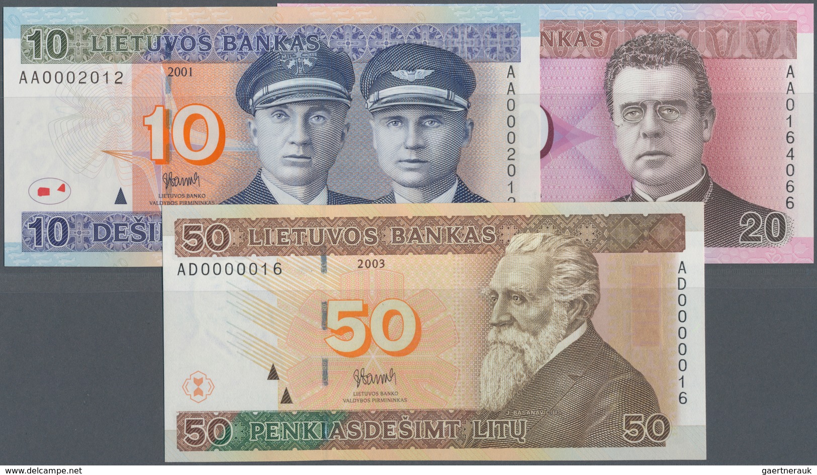 Lithuania / Litauen: Lot With 3 Banknotes 10 And 20 Litu 2001 And 50 Litu 2003 (with Very Low Serial - Litouwen