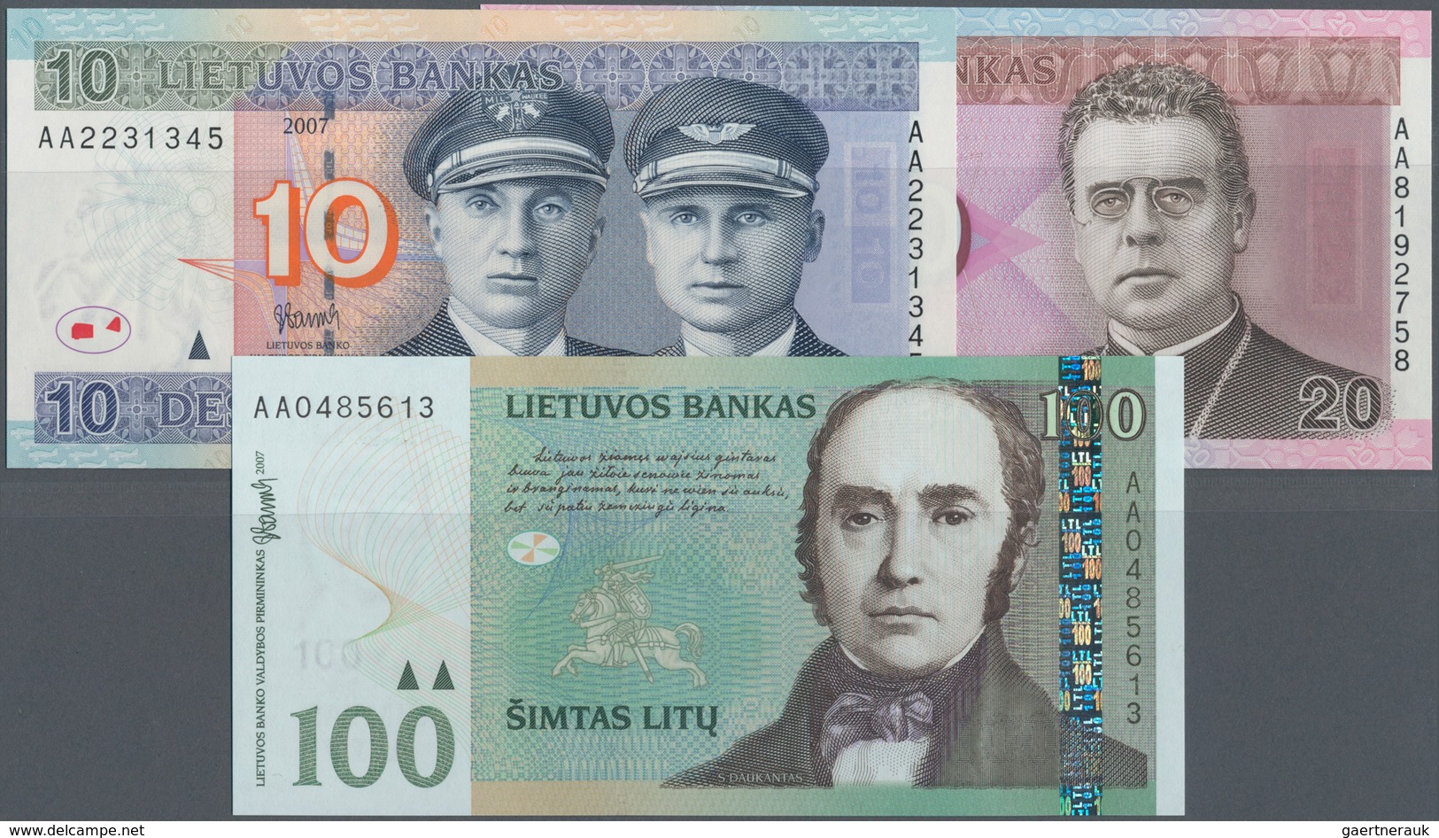 Lithuania / Litauen: Lot With 3 Banknotes 10, 20 And 100 Litu 2007, P.68-70, All In UNC Condition. ( - Litouwen