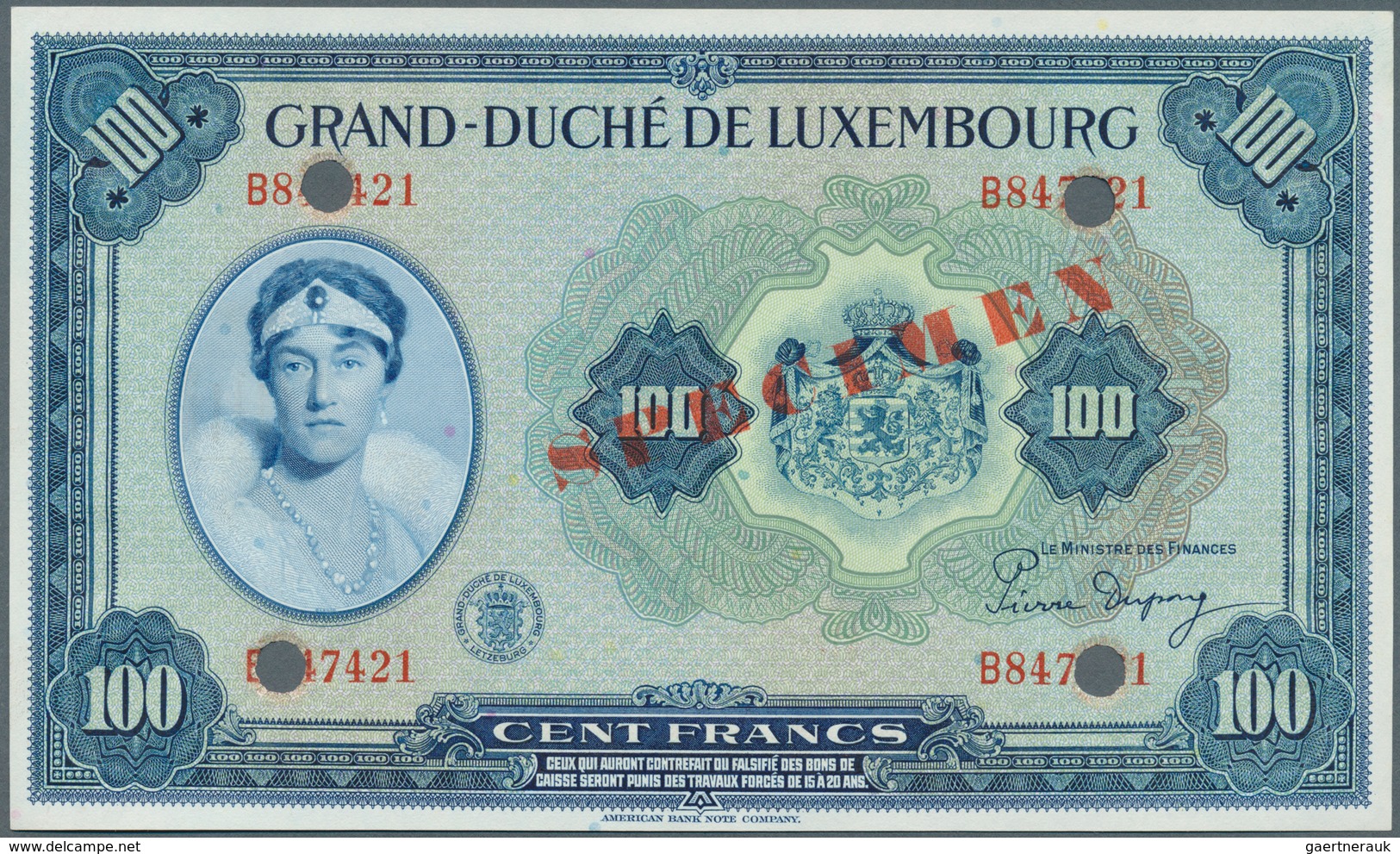 Luxembourg: 100 Francs ND(1944) Specimen P. 47s. This Note Has A Red "Specimen" Overprint On Front A - Luxemburgo