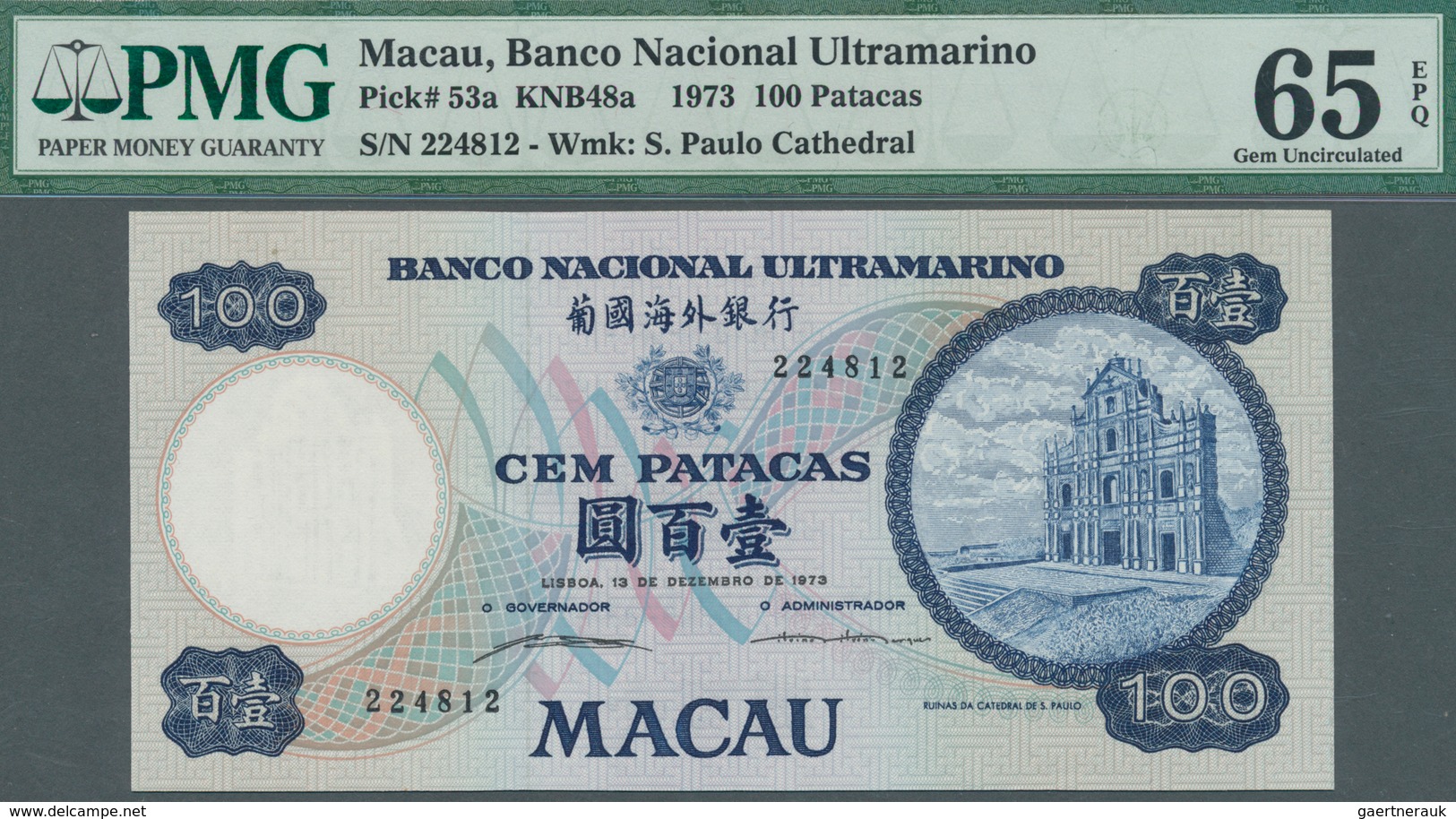 Macau / Macao: 100 Patacas 1973, P.53a, Highly Rare Note In Excellent Condition, PMG Graded 65 EPQ - Macao