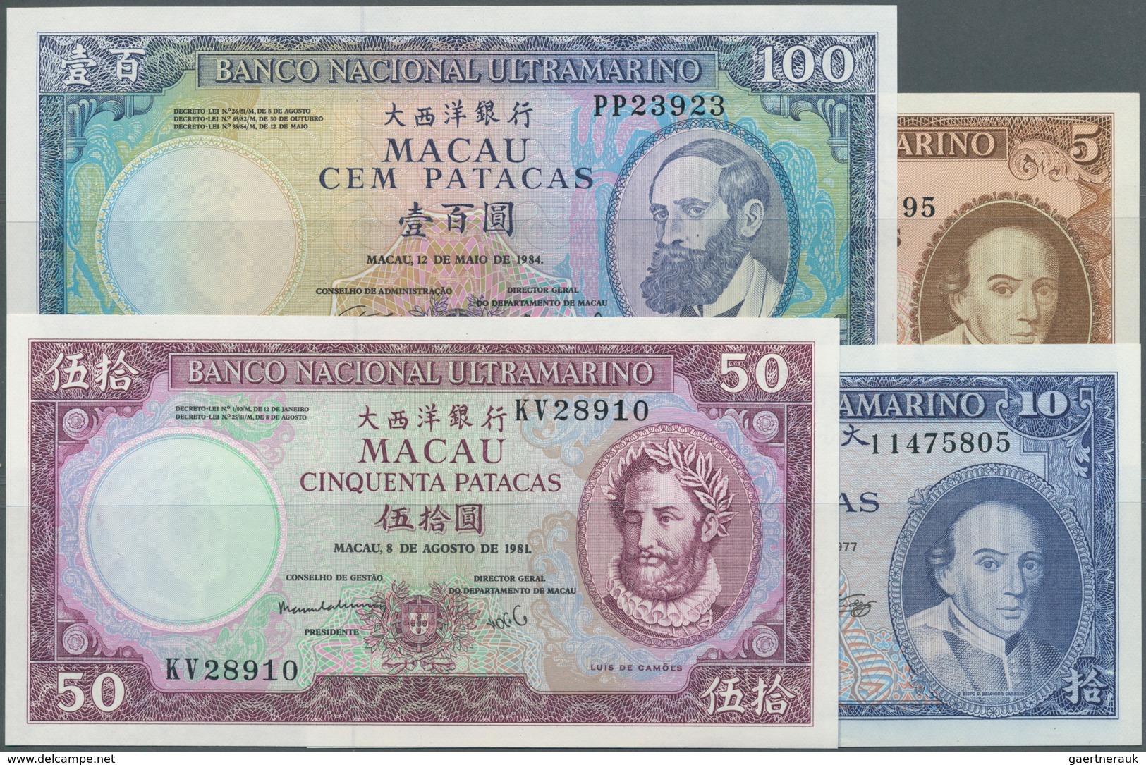 Macau / Macao: Set Of 4 Banknotes Containing 5 Patacas 1976, 10 Patacas 1977, 50 Patacas 1981 And 10 - Macao