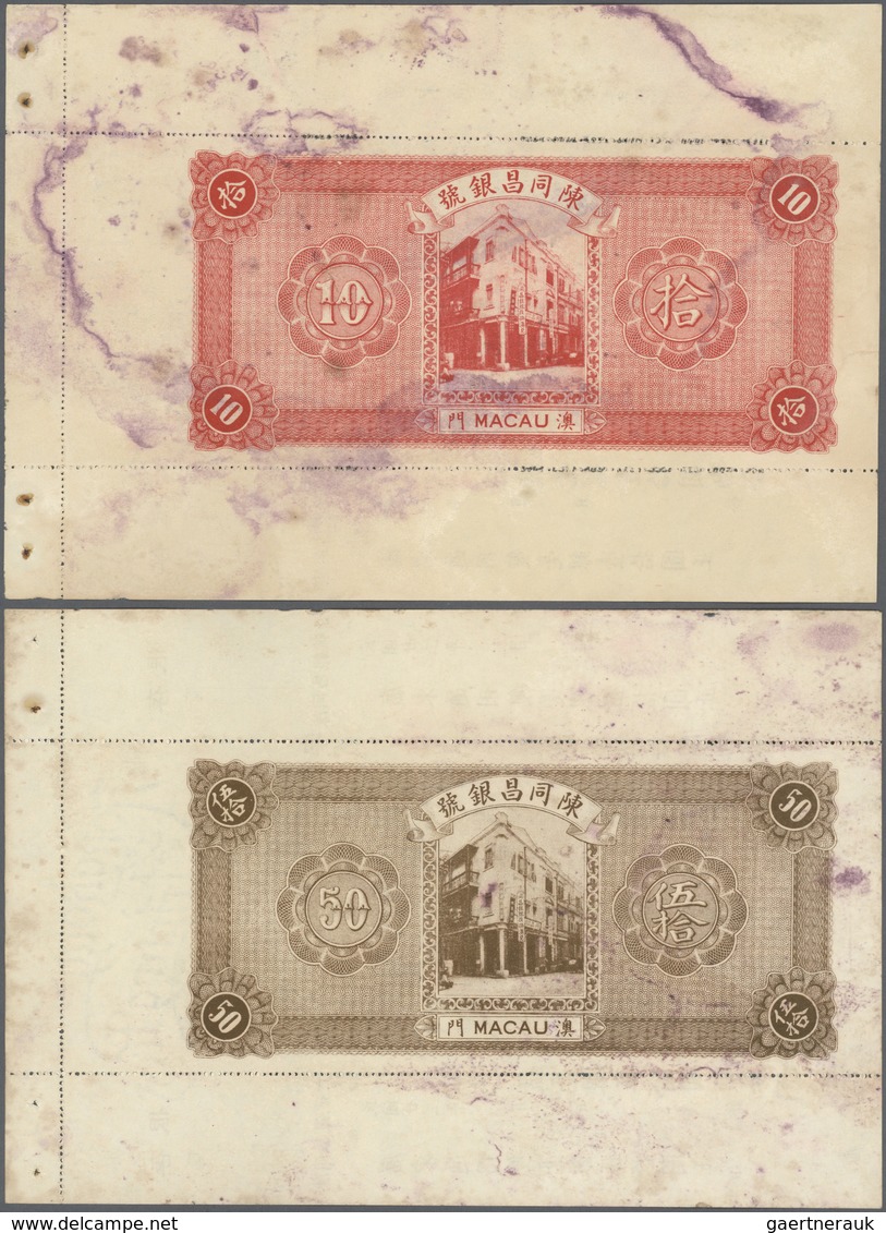 Macau / Macao: Set Of 5x 10 And 4x 50 Dollars 1934 Circulating Cheque Issue P. S92, All With Counter - Macao