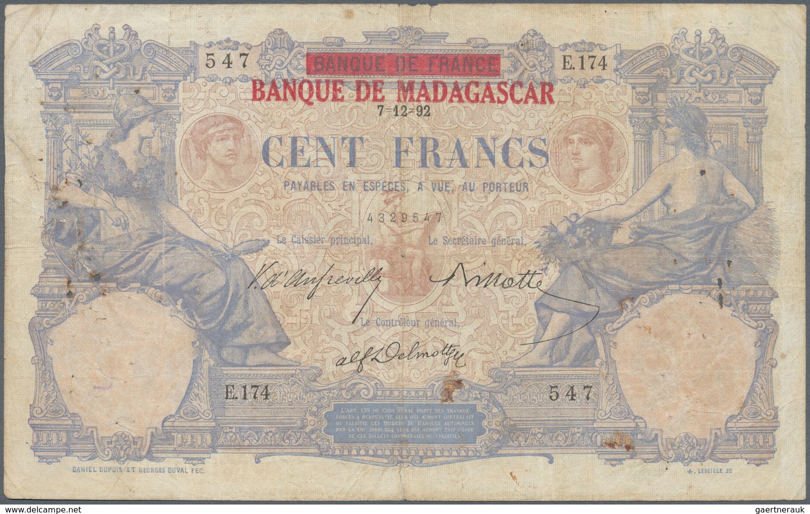 Madagascar: 100 Francs 1926 Provisional Issue On Unissued Banknote Francs 100 Francs 1892 With Ovper - Madagaskar