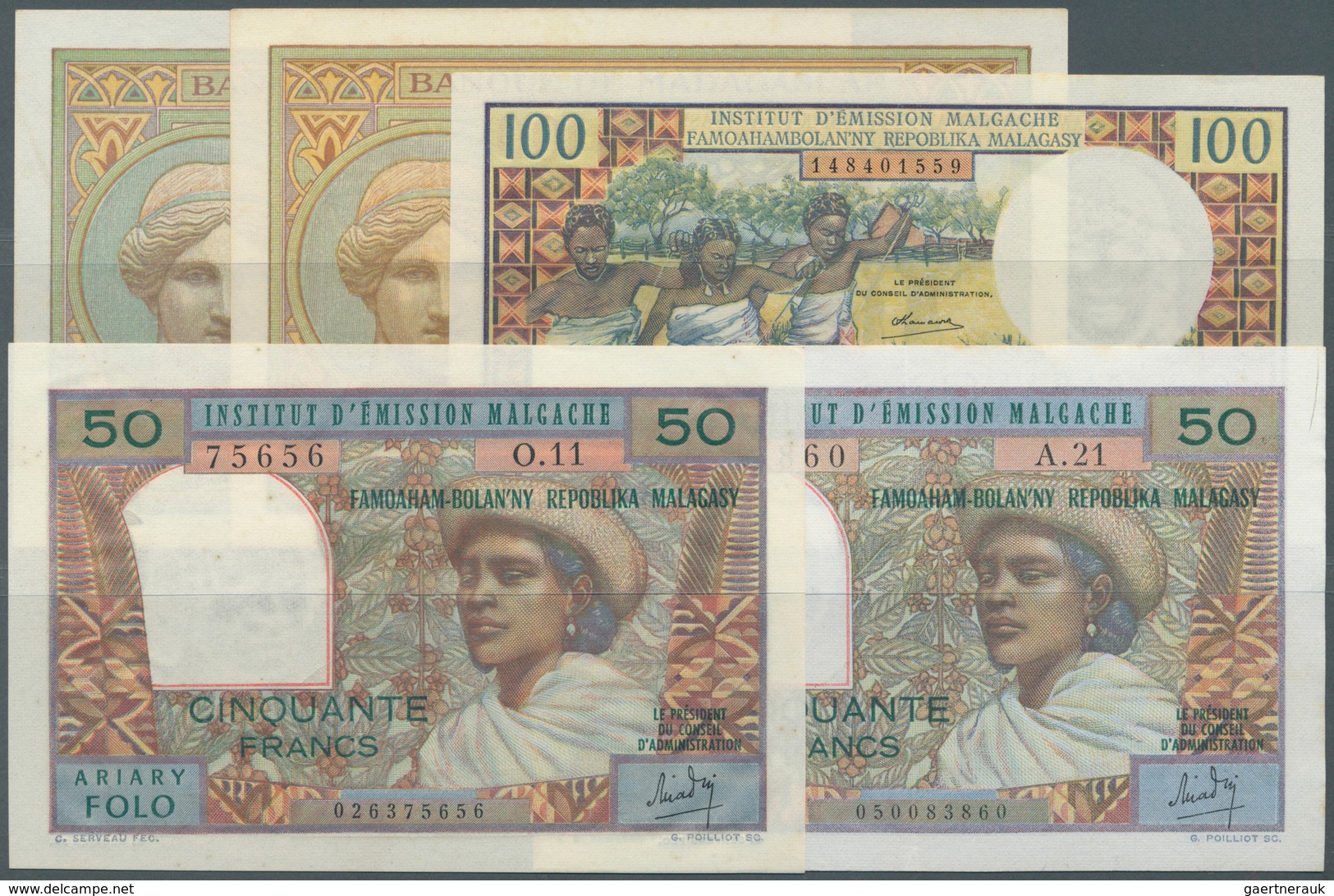 Madagascar: Set Of 5 Banknotes Containing 2x 5 Francs ND P. 35 (both UNC), 100 Francs ND P. 57 (aUNC - Madagascar