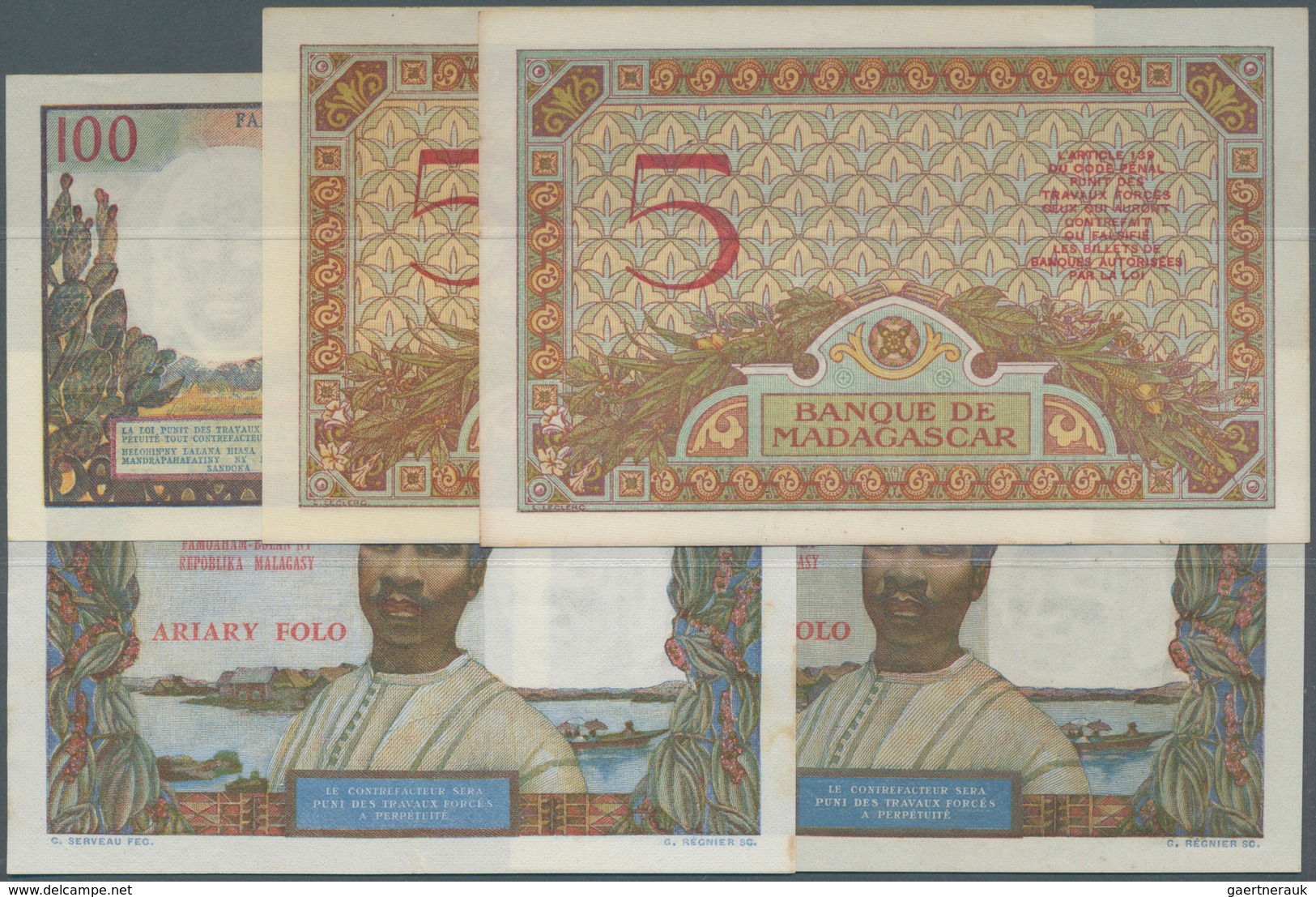 Madagascar: Set Of 5 Banknotes Containing 2x 5 Francs ND P. 35 (both UNC), 100 Francs ND P. 57 (aUNC - Madagascar