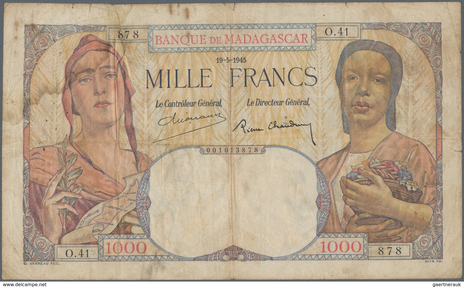 Madagascar: 1000 Francs 1945 P. 41, Used With Folds And Creases, Stain In Paper, One 1,5cm Tear At U - Madagaskar