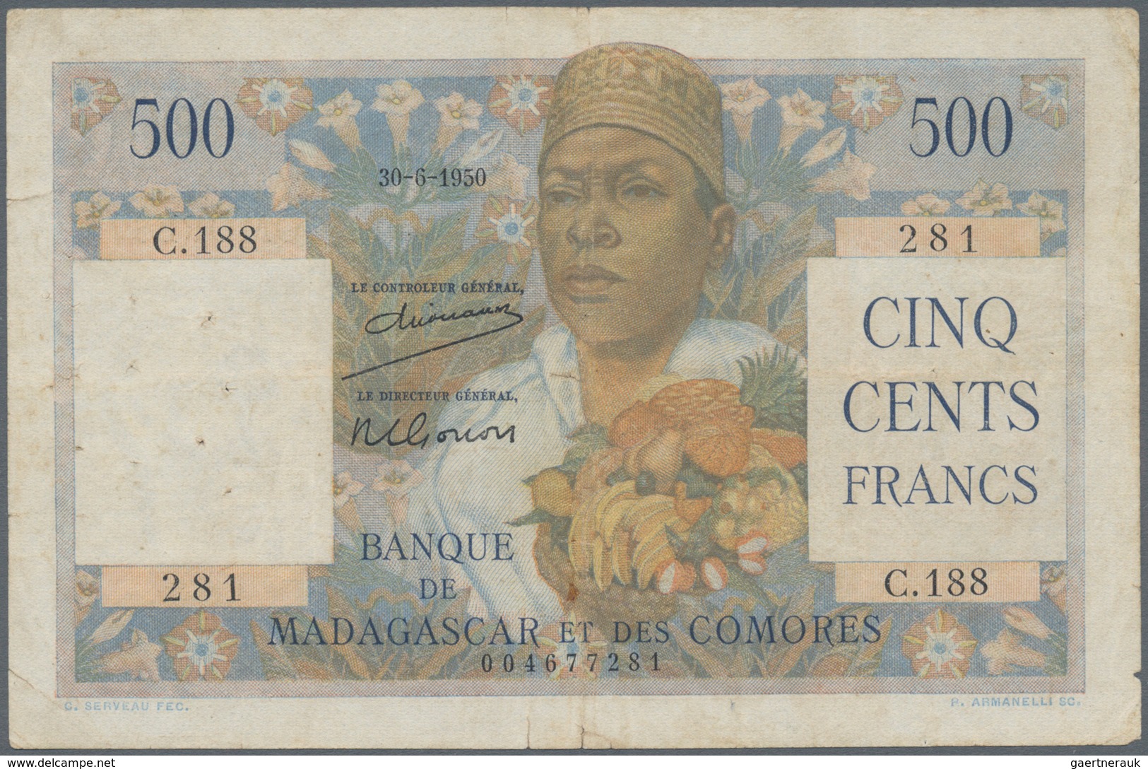 Madagascar: Set Of 2 Notes Madagascar / Comores Containing 500 Francs 1950 P. 47a, Used With Folds, - Madagascar