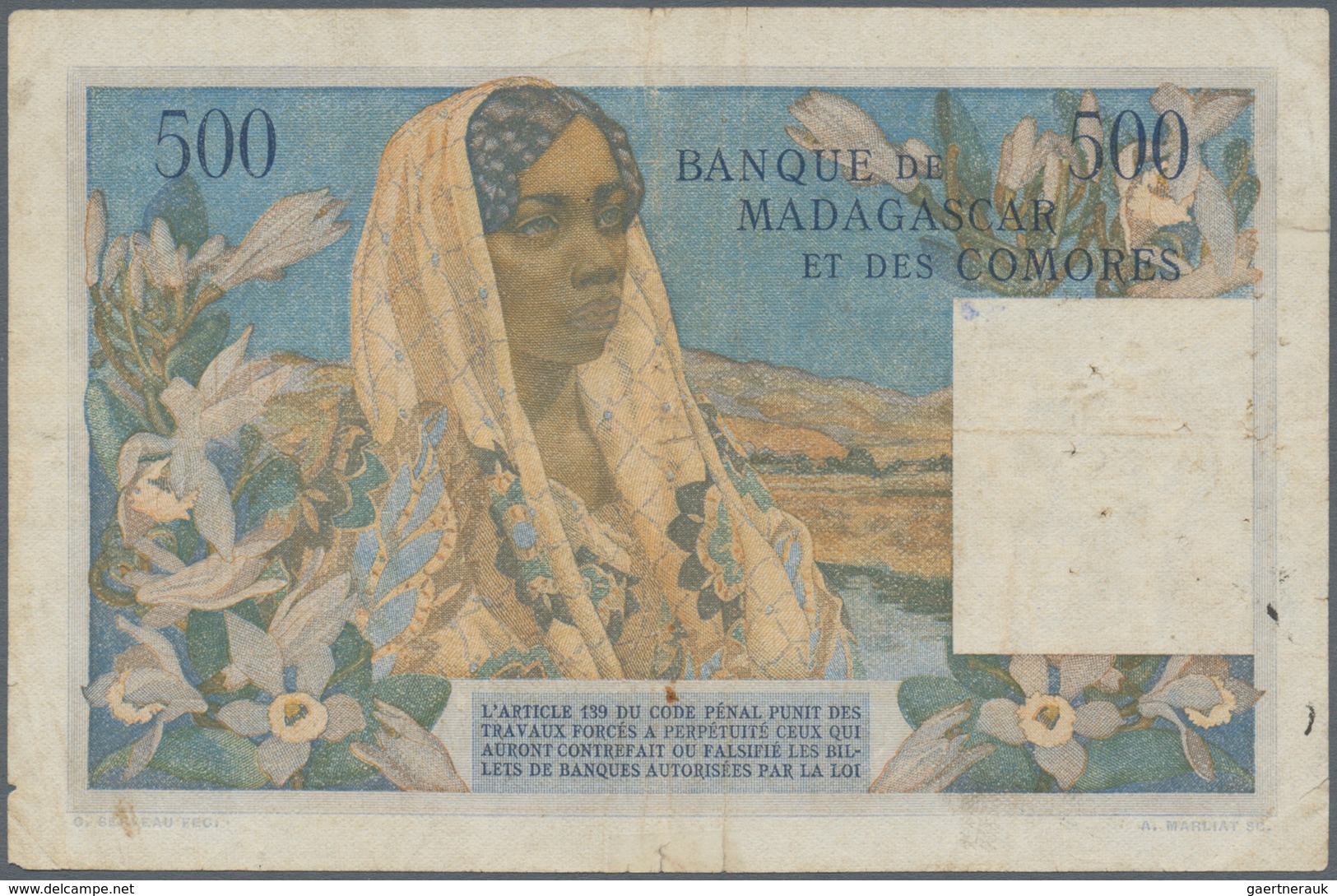 Madagascar: Set Of 2 Notes Madagascar / Comores Containing 500 Francs 1950 P. 47a, Used With Folds, - Madagaskar