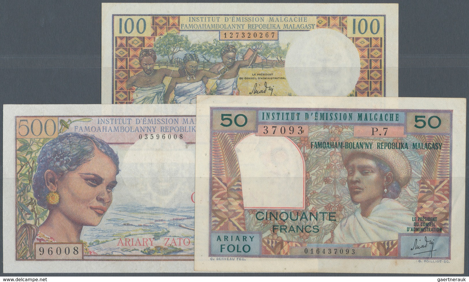 Madagascar: Set Of 3 Banknotes Containing 100 Francs ND(1966) P. 58, A Few Pinholes At Left, Crispne - Madagascar