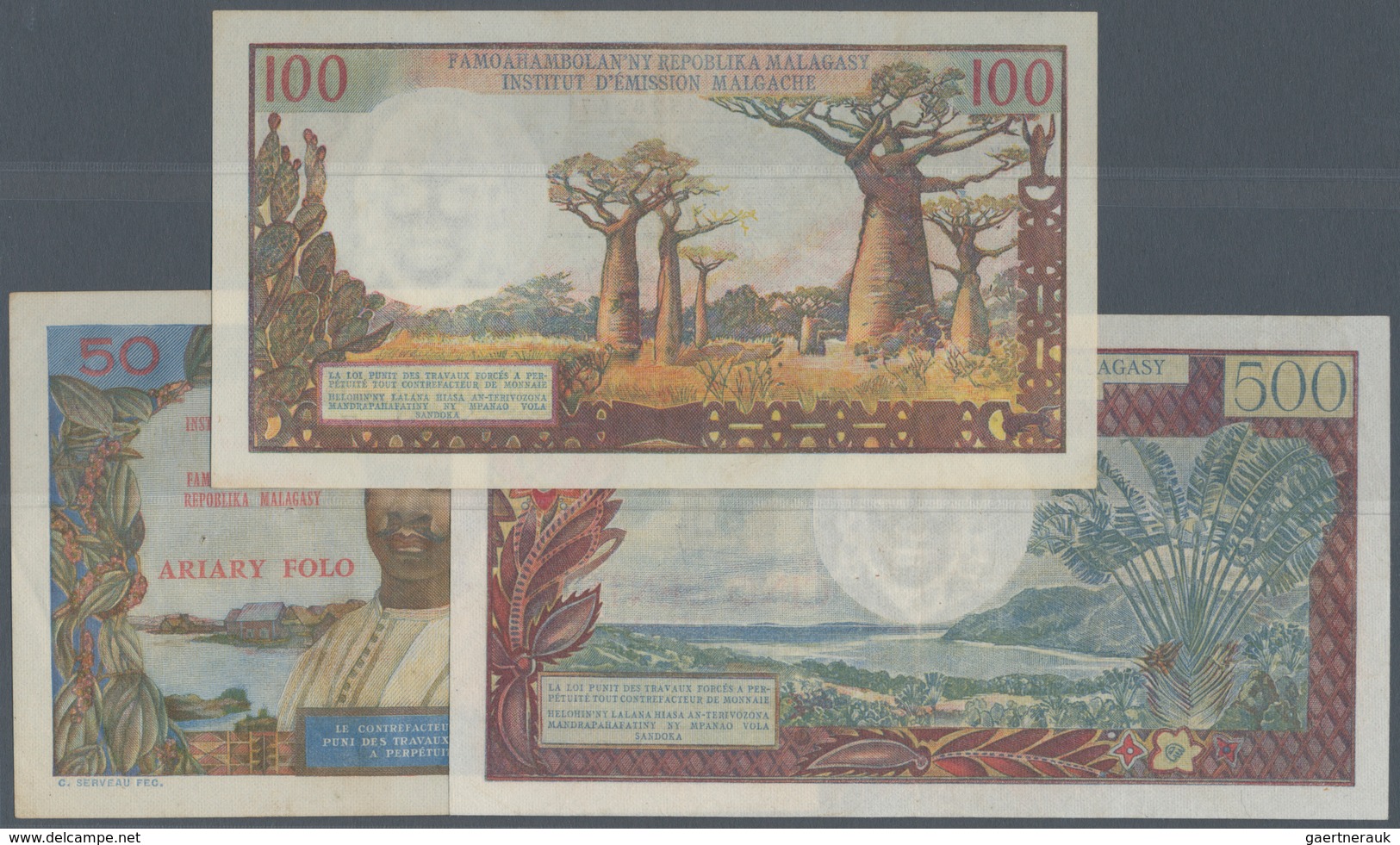 Madagascar: Set Of 3 Banknotes Containing 100 Francs ND(1966) P. 58, A Few Pinholes At Left, Crispne - Madagaskar