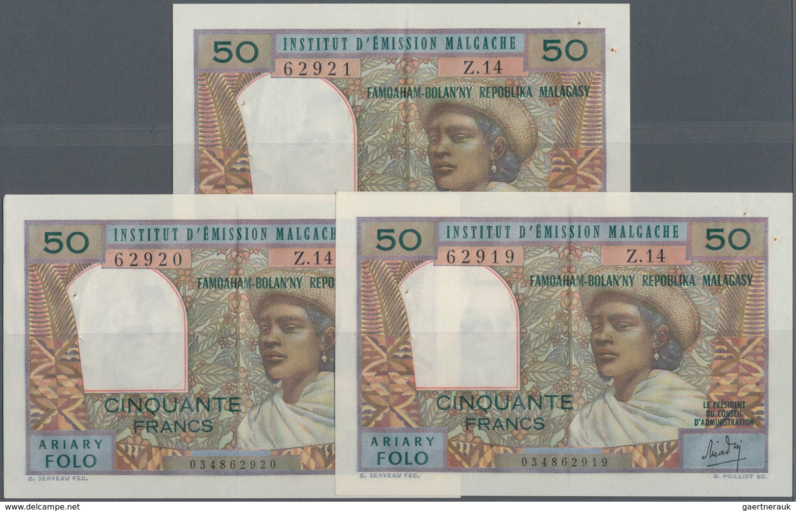 Madagascar: Set Of 3 CONSECUTIVE Notes Of 50 Francs ND P. 61, All With Center Fold And Pinholes, But - Madagascar