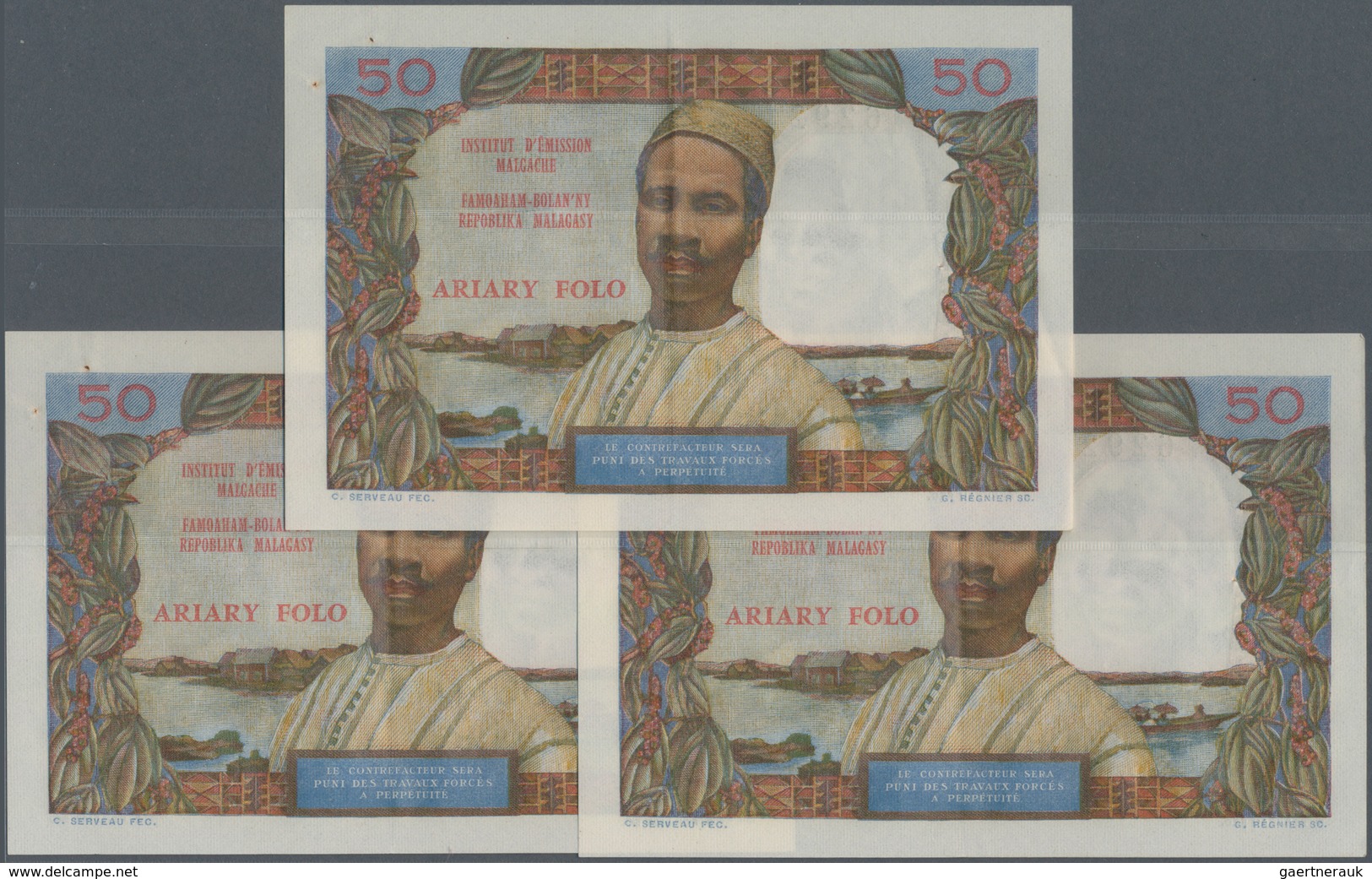 Madagascar: Set Of 3 CONSECUTIVE Notes Of 50 Francs ND P. 61, All With Center Fold And Pinholes, But - Madagaskar