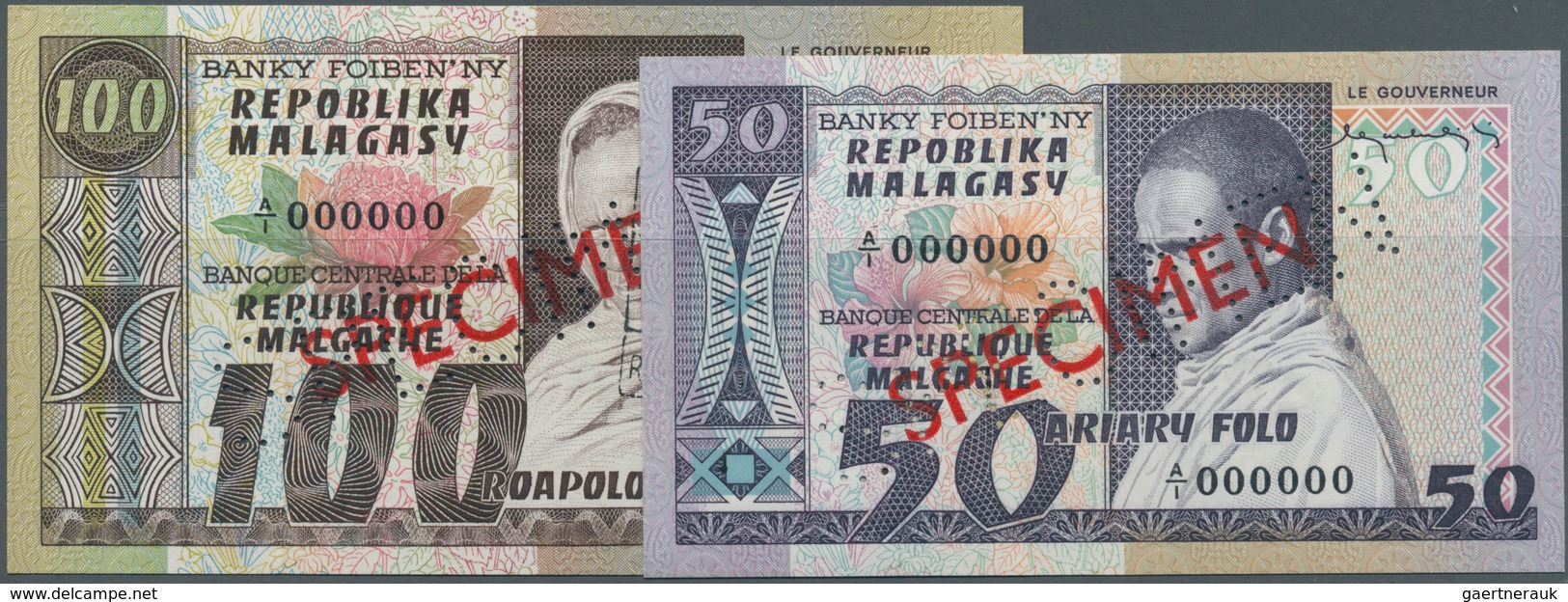 Madagascar: Set Of 2 SPECIMEN Banknotes Containing 50 & 100 Ariary ND Specimen P. 62, 63s, Both With - Madagaskar
