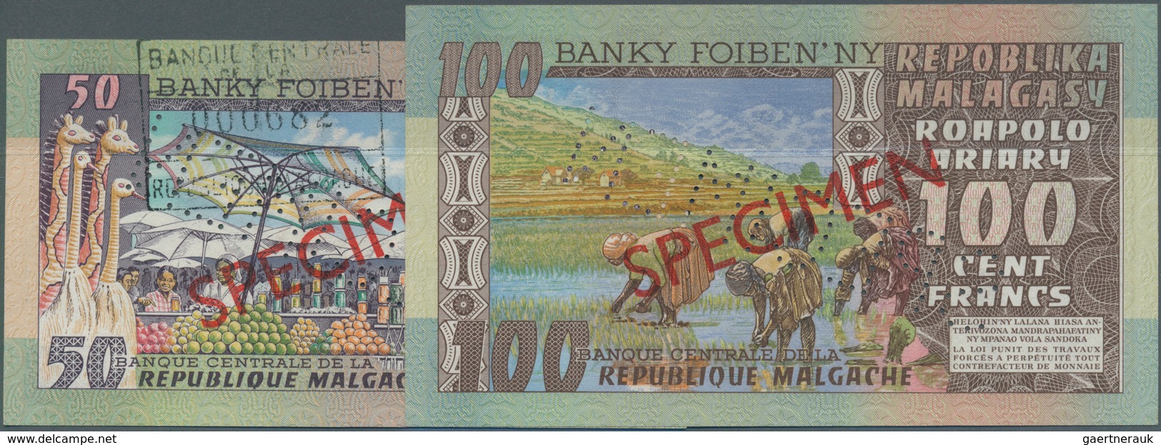 Madagascar: Set Of 2 SPECIMEN Banknotes Containing 50 & 100 Ariary ND Specimen P. 62, 63s, Both With - Madagascar